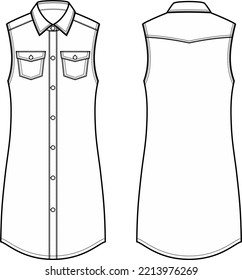 Jean sleeveless jean dress flat sketch. Denim gown apparel design. Front and back. Women CAD mockup. Technical drawing template. Vector illustration.