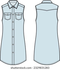 Jean sleeveless shirt dress flat sketch. Denim gown apparel design. Front back. Women CAD mockup. Fashion technical  template. Vector illustration.