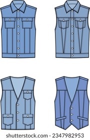 Jean vest flat sketch. Set of denim waistcoat apparel design. Front view. Men CAD mockup. Fashion technical drawing template. Vector illustration.