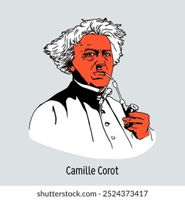 Jean-Baptiste Camille Corot foi um pintor francês, desenhista e gravador, um dos principais pintores de paisagem da era romântica, que influenciou os impressionistas. Ilustração de vetor desenhada à mão