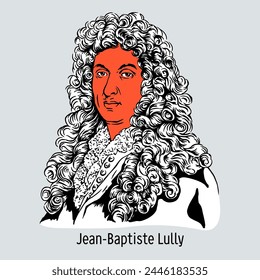 Jean-Baptiste Lully - compositor, violinista, director de orquesta, creador de la ópera nacional francesa, Representante destacado de la cultura musical barroca francesa. Ilustración vectorial dibujada a mano