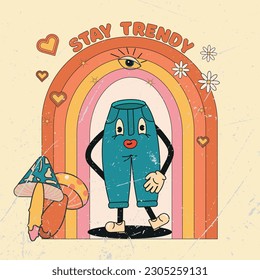 
Jeans 90s 80s 70s, Retro-Stil, grober Hintergrund, hell in den Farben der 80er Jahre 70er Jahre, Bogen-Regenbogen-Pilze Kamillenblumen. Augen