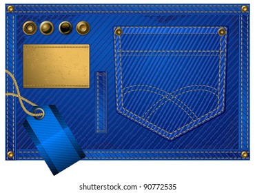 Jeans accessories, pocket and buttons on denim, vector illustration