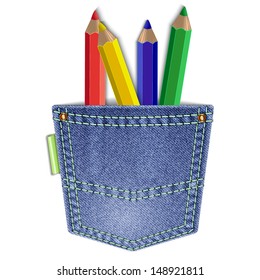 Jeans back pocket with colored pencils isolated on a white background. Vector illustration.