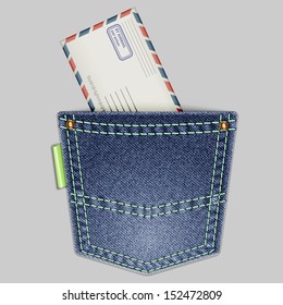 Jeans back pocket with an envelope on a gray background. Vector illustration.