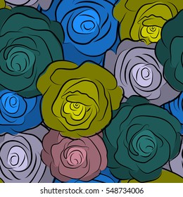 Jeans background with blue, pink and yellow rose flowers. Denim floral background. Blue jeans cloth. Denim seamless pattern. Vector stylized roses.