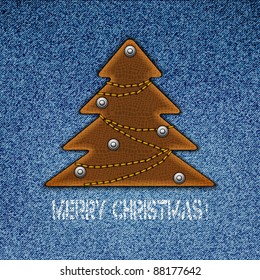 Vaqueros de fondo con árbol de navidad en forma de etiqueta. Ilustración vectorial. Eps10