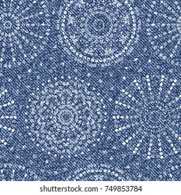 Jeans background with Ethnic Mandalas. Vector Denim Seamless pattern. Blue jeans cloth. Tribal background with geometric ornament. Doodle Circles of simple geometric shapes