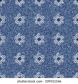 Jeans background with flowers. Vector Denim seamless pattern. Blue jeans fabric.