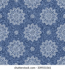 Jeans background with flowers. Vector Denim seamless pattern. Blue jeans cloth.