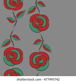 Jeans background with green, gray and red rose flowers. Denim seamless pattern. Blue jeans cloth. Vector stylized roses. Denim floral background.