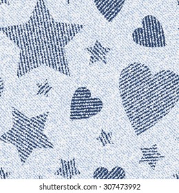 Jeans background with hearts and stars. Vector Denim seamless pattern. Valentine's Day wallpaper.