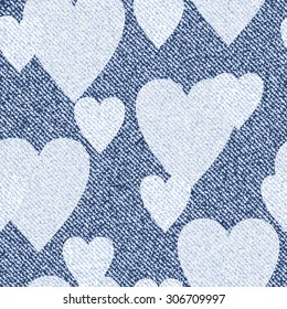 Jeans background with hearts. Vector Denim seamless pattern. Blue jeans cloth. Valentine's Day wallpaper.