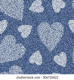 Jeans background with hearts. Vector Denim seamless pattern. Blue jeans cloth. Valentine's Day wallpaper.