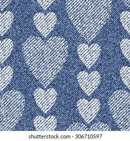 Jeans background with hearts. Vector Denim seamless pattern. Blue jeans cloth. Valentine's Day wallpaper.