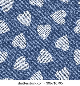 Jeans background with hearts. Vector Denim seamless pattern. Blue jeans cloth. Valentine's Day wallpaper.