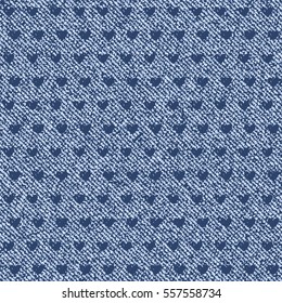 Jeans background with hearts. Vector Denim seamless pattern. Blue jeans cloth. Valentine's Day wallpaper