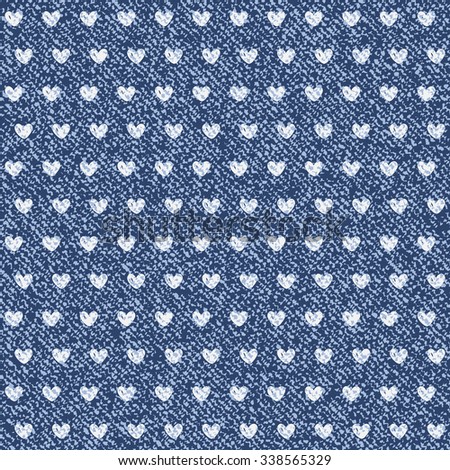 Jeans background with hearts. Vector Denim seamless pattern. Blue jeans fabric.
