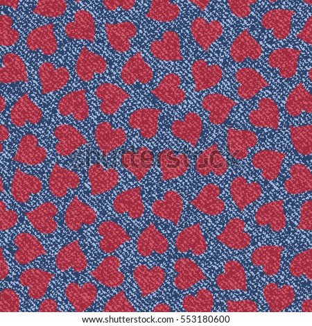 Jeans background with hearts. Vector Denim seamless pattern. Blue jeans cloth. Valentine's Day wallpaper.