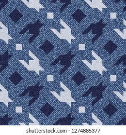 Jeans background with Houndstooth Tartan geometric print fashion design. Denim Seamless Vector Pattern Tile. Blue jeans cloth Dog tooth Check Fabric Texture. English background Glen plaid Pattern