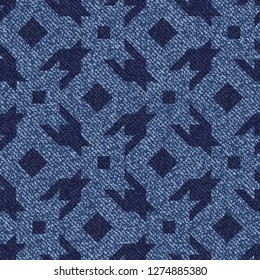 Jeans background with Houndstooth Tartan geometric print fashion design. Denim Seamless Vector Pattern Tile. Blue jeans cloth Dog tooth Check Fabric Texture. English background Glen plaid Pattern