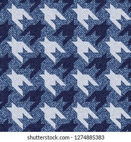 Jeans background with Houndstooth Tartan geometric print fashion design. Denim Seamless Vector Pattern Tile. Blue jeans cloth Dog tooth Check Fabric Texture. English background Glen plaid Pattern