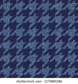 Jeans background with Houndstooth Tartan geometric print fashion design. Denim Seamless Vector Pattern Tile. Blue jeans cloth Dog tooth Check Fabric Texture. English background Glen plaid Pattern