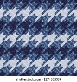 Jeans background with Houndstooth Tartan geometric print fashion design. Denim Seamless Vector Pattern Tile. Blue jeans cloth Dog tooth Check Fabric Texture. English background Glen plaid Pattern