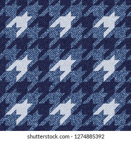 Jeans background with Houndstooth Tartan geometric print fashion design. Denim Seamless Vector Pattern Tile. Blue jeans cloth Dog tooth Check Fabric Texture. English background Glen plaid Pattern