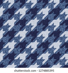 Jeans background with Houndstooth Tartan geometric print fashion design. Denim Seamless Vector Pattern Tile. Blue jeans cloth Dog tooth Check Fabric Texture. English background Glen plaid Pattern