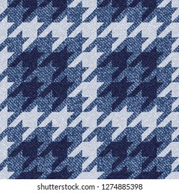 Jeans background with Houndstooth Tartan geometric print fashion design. Denim Seamless Vector Pattern Tile. Blue jeans cloth Dog tooth Check Fabric Texture. English background Glen plaid Pattern