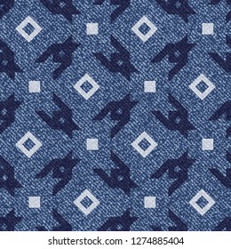 Jeans background with Houndstooth Tartan geometric print fashion design. Denim Seamless Vector Pattern Tile. Blue jeans cloth Dog tooth Check Fabric Texture. English background Glen plaid Pattern