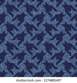 Jeans background with Houndstooth Tartan geometric print fashion design. Denim Seamless Vector Pattern Tile. Blue jeans cloth Dog tooth Check Fabric Texture. English background Glen plaid Pattern