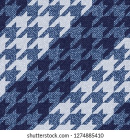 Jeans background with Houndstooth Tartan geometric print fashion design. Denim Seamless Vector Pattern Tile. Blue jeans cloth Dog tooth Check Fabric Texture. English background Glen plaid Pattern