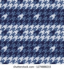 Jeans background with Houndstooth Tartan geometric print fashion design. Denim Seamless Vector Pattern Tile. Blue jeans cloth Dog tooth Check Fabric Texture. English background Glen plaid Pattern