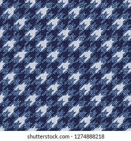 Jeans background with Houndstooth Tartan geometric print fashion design. Denim Seamless Vector Pattern Tile. Blue jeans cloth Dog tooth Check Fabric Texture. English background Glen plaid Pattern