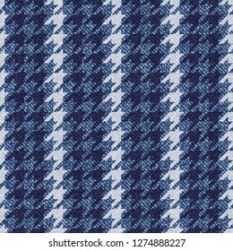 Jeans background with Houndstooth Tartan geometric print fashion design. Denim Seamless Vector Pattern Tile. Blue jeans cloth Dog tooth Check Fabric Texture. English background Glen plaid Pattern