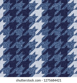 Jeans background with Houndstooth Tartan geometric print fashion design. Denim Seamless Vector Pattern Tile. Blue jeans cloth Dog tooth Check Fabric Texture. English background Glen plaid Pattern