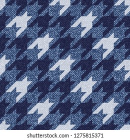 Jeans background with Houndstooth Tartan geometric print fashion design. Denim Seamless Vector Pattern Tile. Blue jeans cloth Dog tooth Check Fabric Texture. English background Glen plaid Pattern