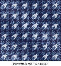 Jeans background with Houndstooth Tartan geometric print fashion design. Denim Seamless Vector Pattern Tile. Blue jeans cloth Dog tooth Check Fabric Texture. English background Glen plaid Pattern