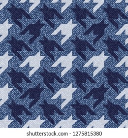 Jeans background with Houndstooth Tartan geometric print fashion design. Denim Seamless Vector Pattern Tile. Blue jeans cloth Dog tooth Check Fabric Texture. English background Glen plaid Pattern