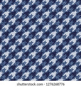 Jeans background with Houndstooth Tartan geometric print fashion design. Denim Seamless Vector Pattern Tile. Blue jeans cloth Dog tooth Check Fabric Texture. English background Glen plaid Pattern