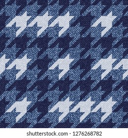 Jeans background with Houndstooth Tartan geometric print fashion design. Denim Seamless Vector Pattern Tile. Blue jeans cloth Dog tooth Check Fabric Texture. English background Glen plaid Pattern