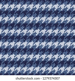 Jeans background with Houndstooth Tartan geometric print fashion design. Denim Seamless Vector Pattern Tile. Blue jeans cloth Dog tooth Check Fabric Texture. English background Glen plaid Pattern