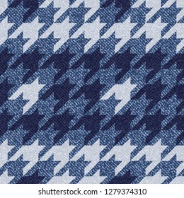 Jeans background with Houndstooth Tartan geometric print fashion design. Denim Seamless Vector Pattern Tile. Blue jeans cloth Dog tooth Check Fabric Texture. English background Glen plaid Pattern