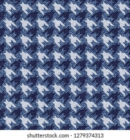 Jeans background with Houndstooth Tartan geometric print fashion design. Denim Seamless Vector Pattern Tile. Blue jeans cloth Dog tooth Check Fabric Texture. English background Glen plaid Pattern