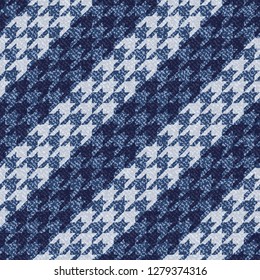 Jeans background with Houndstooth Tartan geometric print fashion design. Denim Seamless Vector Pattern Tile. Blue jeans cloth Dog tooth Check Fabric Texture. English background Glen plaid Pattern