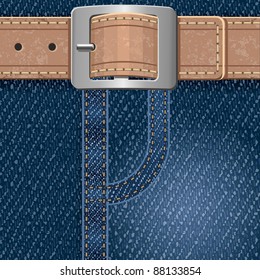 Jeans background with leather belt. Detailed vector illustration.