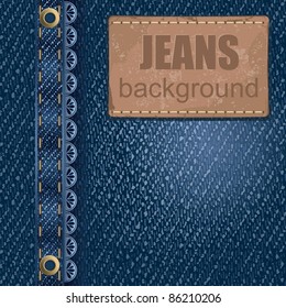 Jeans background with leather label. Detailed vector illustration.