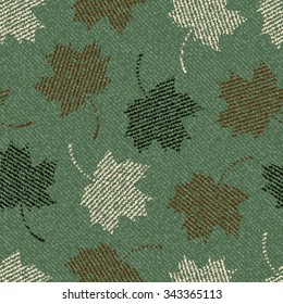 Jeans background with maple leaves. Camouflage Vector Denim seamless pattern. Green jeans cloth.